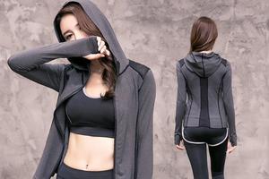 新款瑜伽服三件套女户外运动健身跑步长裤修身显瘦连帽运动套装女