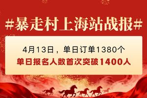 #暴走村上海站战报# 4月13日，单日订单1380个，单日报名人数首次突破1400人