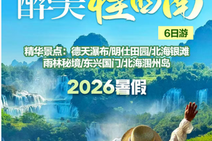 暑假专属！【醉美桂西南6日】南宁集合：德天瀑布/明仕田园/北海银滩/丁达尔雨林伏那秘境