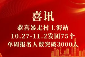 喜报！恭喜暴走村上海站10.27-11.2发团75个，单周报名人数突破3000人