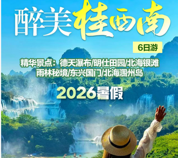 暑假专属！【醉美桂西南6日】南宁集合：德天瀑布/明仕田园/北海银滩/丁达尔雨林伏那秘境