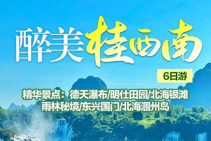 【醉美桂西南6日游】 7-8月：南宁集合，德天瀑布/明仕田园/北海银滩 雨林秘境/东兴国门北海涠州岛